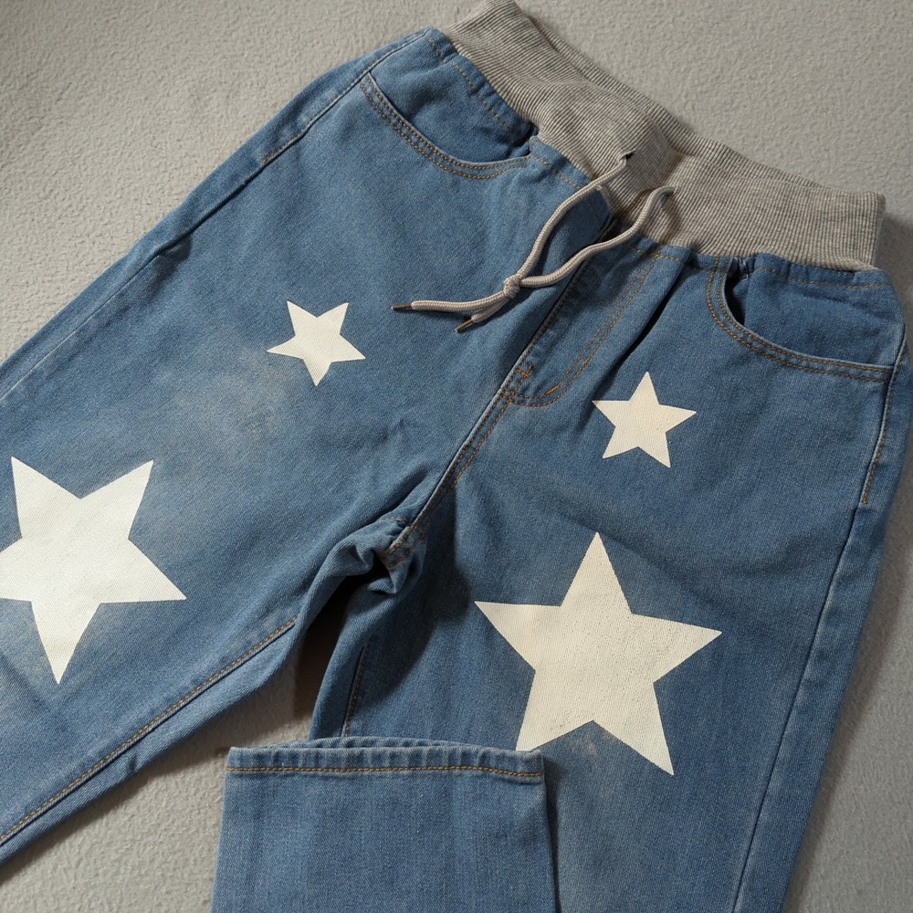 Misslook Blue Star Print Denim Jeans  Drawstring Small 30x31 Sweatpant Waist